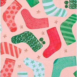 IHR Ideal Home Range Cocktail Napkins Disposable 3-Ply Paper Party Napkin Pack, 5" x 5", Holiday Stockings, 20-Count