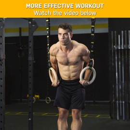 Double Circle Gymnastics Rings with Quick Adjust Numbered Straps and Exercise Videos Guide - Full Body Gym Rings - Calisthenics Rings Wooden Rings (Extended Straps)