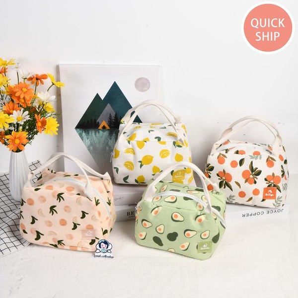 High-Capacity Canvas Insulated Lunch Bag with Orange/Avocado/Lemon/Peach Print, Zipper Closure,