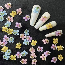 JERCLITY 40 Pieces Flower Nail Charms 3D Flower for Nails Bee Nail Charms Flower Nail Rhinestone for Acrylic Nails Resin Flowers Nail Charms for Women Nail Art(4 Colors)