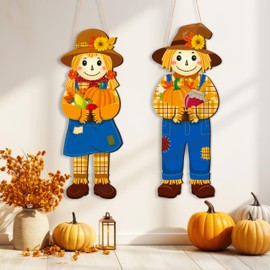 2Pcs Fall/Thanksgiving Scarecrow Sign Decorations Outdoor for Front Door - Autumn Welcome Foldable Wreath Indoor Home Outside Decor for Porch,Wall,Window