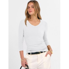 ANRABESS Shirts for Women 3/4 Sleeve V Neck Rib Knit Slim Basic Tees Tops 2025 Fall Casual Tshirts Going Out Workout Outfits White Large