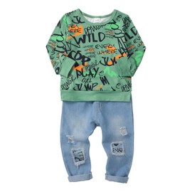 KIMI BEAR 2T Toddler Boy Clothes Fall Winter Baby Boy Outfits 3 Year Old Sweatshirt Letter Pullover Tops Ripped Denim Pants 2T-3T Little Boy Clothes Sweatsuit