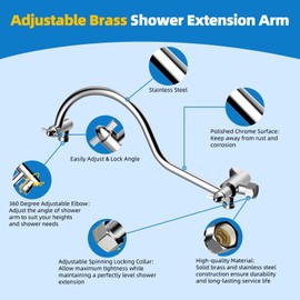 Hibbent All Metal 12 Inch Brass Adjustable Shower Head Extension Arm with Shower Arm Diverter Valve, G 1/2 3-Way Bathroom Universal Shower System Replacement Part, Shower Arm Extender, Chrome