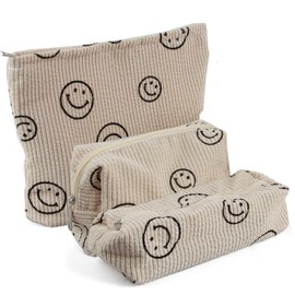 Pack of 3 Toiletry Bag, Cosmetic Bag, Smile Pattern, Multifunctional Travel Toiletry Bag for Women and Girls, Corduroy Cosmetic Bag with Smile Face, Portable Aesthetic Bag, Toiletry Bag, beige, Modern