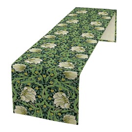 William Morris Style Floral Table Runner, Mid-Century Retro Abstract Flowers Green Botanical Pattern for Home Kitchen Table Decor Dining Coffee Room Party Decor 13x36in
