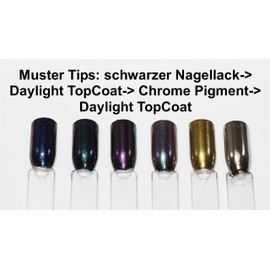 World of Nails-Design Chrome pigments, 6 colours in the set including black base coat and daylight topcoat, no UV device required