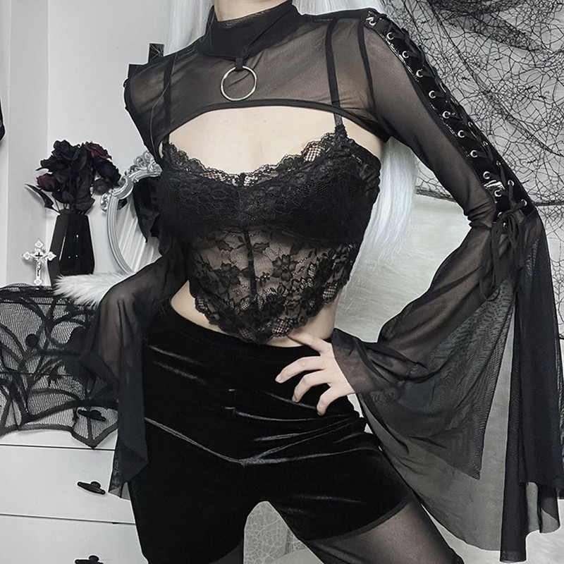 Women Goth Crop Tops Gothic Punk Fishnet Cover Up Bell
