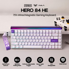EPOMAKER Aula Hero84 HE Wired Hall Effect Keyboard with RGB Lightbox, 0.01mm Adjustable Actuation, 8KHz Polling, 0.125ms Latency, Snap Key, SOCD, Magnetic Gaming Keyboard (White&Purple)