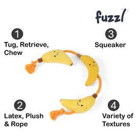 Fuzzl Tugga Bananas Dog Toy 75cm - Rope Latex and Plush Dog and Puppy Throw Fetch and Tug with Squeaker