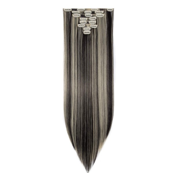 Clip-In Real Hair Extensions, Synthetic Hairpiece, 8 Wefts, 18 Clips for Complete Full Head Hair Extensions, 66 cm, Straight, Natural Black & Bleach Blonde