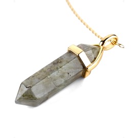 LAVISA Obelisk Gemstone Necklace Gold Pendant Real Crystal Chain Necklace Rose Quartz Amethyst Natural Stone, 55 + 5 cm, Stainless Steel