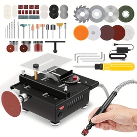 Mini Table Saw for Crafts, Wood Cutting & Metal, 7-Speed Control, Height & Angle Adjustable (0-16mm/0.63", 0-90°), Portable Table Saws w/ 4 Blades, Soft Shaft
