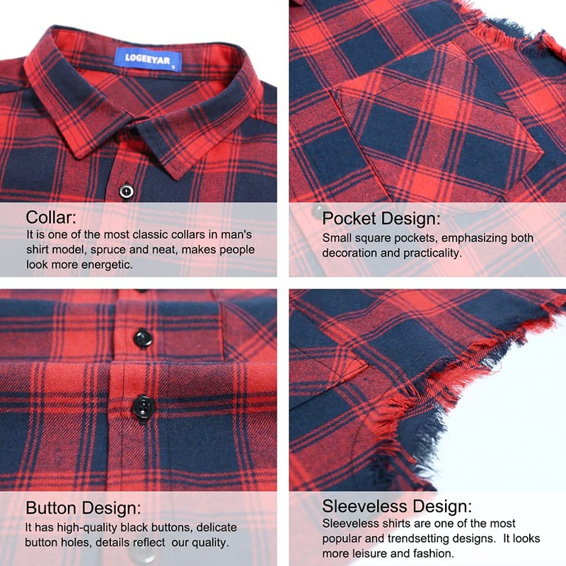 LOGEEYAR Men Plaid Sleeveless Shirt Leisure Button Down Vest Shirt