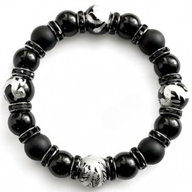 BLESSING M'style Strongest Four God Beasts Bracelet, Morion, Matte Onyx, Four Divine Beasts Silver Carved Onyx, Natural Stone, Power Stone Bracelet, Includes Original Drawstring Bag, Stone Silver