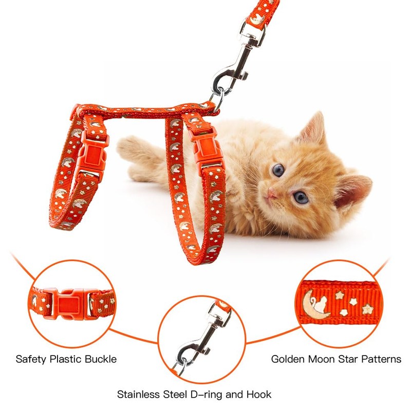 Cat Harness and Leash Set Gold Moons Soft Nylon Escape