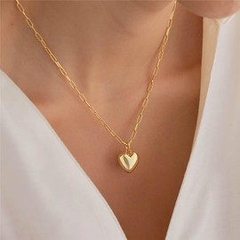 Atentuyi Gold Thick Heart Pendant Necklace Silver Puffed Heart Necklace Chunky Heart Necklace Choker Paperclip Necklace Link Chain Necklace Simple Necklace Minimalist Necklace Jewelry for Women