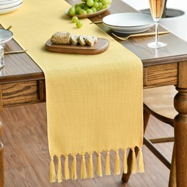 Artoid Mode Yellow Boho Rural Rustic Farmhouse Tassel Table Runner, 33x183 cm Spring Kitchen Dining Table Decoration Wedding Holiday Party Decor