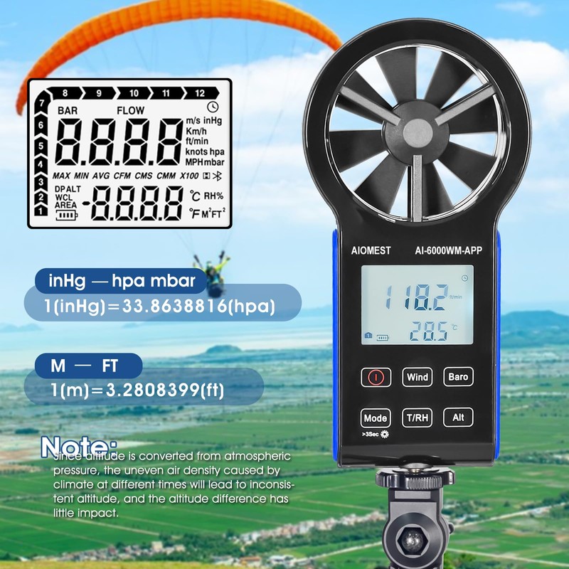 AIOMEST Anemometer Bluetooth, Handheld Wind Speed Gauge Meter w/Atmospheric Pressure,