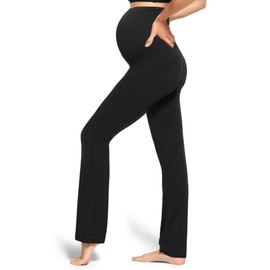Peauty Maternity Black Yoga Pants Leggings Over The Belly Lounge Pants Flared Leggings for Pregnant Women Seamless Postpartum Leggings Bell Bottom Palazzo Pants (Black L)