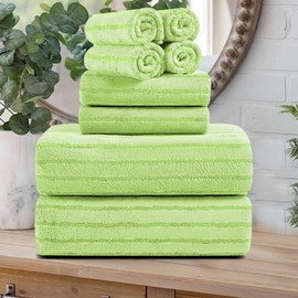 8 Pcs Grass Green Cabana Stripe Large Bath Towel Set Oversized Bath Sheet-2 Bath Towels,2 Hand Towels,4 Washcloths Soft Jumbo Towel Absorbent Shower Towel Beach Chair Towel Spa Gym Hotel Towel