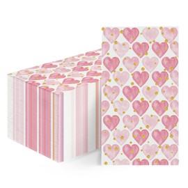 Horaldaily 100 Valentine Disposable Paper Decorative Guest Napkins, Pink Love Heart Gold Dot Hand Towel for Party Lunch Dinner Kitchen Bathroom