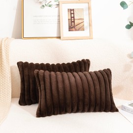 Uhomy Faux Fur Plush Throw Pillow Covers 12“ x20” Pack of 2 Luxury Super Soft Coffee Brown Fluffy Striped Decorative Pillow Covers for Sofa, Bed, Couch, Living Room Coffee Brown 30x50 cm