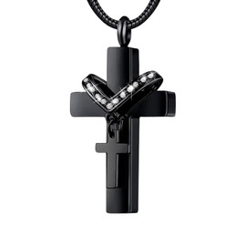 Viskmdi Ash Necklace Double Cross Cremation Pendant with Zircon Ash Necklace - Cremation Jewelry for Ashes of Loved Ones Necklaces for Ashes Necklace for Women Black