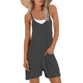 Muchpow Women's V Neck Sleeveless Romper Summer Casual Loose Spaghetti Strap Short Overalls Jumpersuit with Pockets, Dark Grey, Small