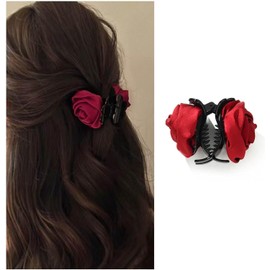 Rose Flower Hair Claws Clip Medium Ribbon Flower Hair Clip Clamp Rose Hair Claw Jaw Flower Clip Headwear Decorative Hair Accessories for Women Headdress (Red, One size)