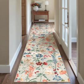 PureCozy Floral Runner Rug 2x10 Washable Hallway Long Beige Bedroom Carpet Non Slip Indoor Boho Kitchen Low Pile Accent Rug Lightweight Soft for Bathroom Dining Laundry Living Room