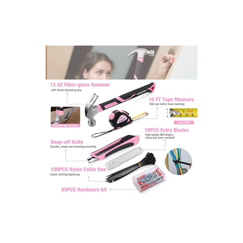 WORKPRO 284PCS Pink Tool Set, Portable Home Basic Tool Kit