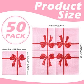 RUSPEPA 50 Pcs Pink Bow Napkin Paper, 3 Ply Disposable Red Bow Ribbons Deisgn Cocktail Dinner Paper Napkins for Wedding, Bridal Shower, Valentine's Day, Tea Party, Garden Party, Birthday, 5 x 5 Inch