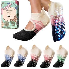 WARMVIN Pilates Yoga Socks with Grips for Women Non-Slip Grippy Barre Socks, Cute Sticky Grippers Crew Socks for Workout, Hospital and Pregnancy, 5 Pairs (Size 5-9)