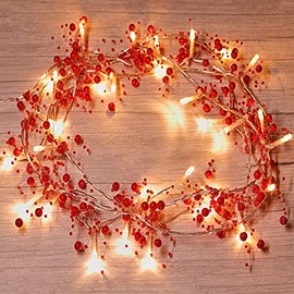 Mosoan 10FT 30 LED Christmas String Lights Battery Operated, 2 Light Modes Christmas Lighted Red Berry Garland for Christmas Tree Fireplace Decoration Indoor
