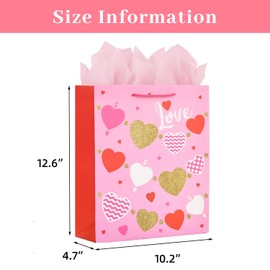 LEAYUGF 13" Large Love Heart Gift Bag with Tissue Paper Wedding For Valentine's Day Happy Birthday Baby Shower Anniversaries Supplies with Handles