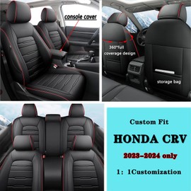 Custom Fit Full Coverage Seat Covers for Honda CRV 2023 2024 2025 LX/EX/EX-L/Touring - Tailored Design, Premium Leather, All-Around Protection - Black with Red Trim