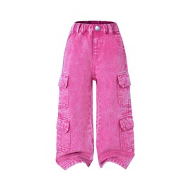 WDIRARA Toddler Girl's Elastic Waist Wide Leg Cargo Jeans Baggy Denim Pants with Flap Pocket Pink 7Y