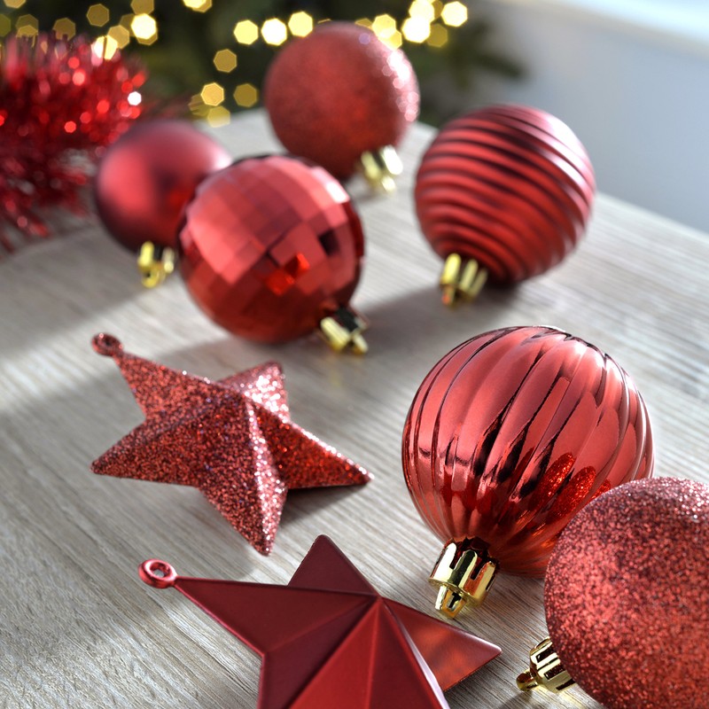 WeRChristmas 42-Piece Shatterproof Baubles Decoration Pack with Tree Topper &
