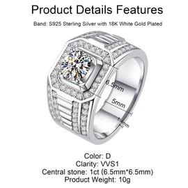 Jelafu 1CT Moissanite Rings for Men White Gold/Rose Gold/Yellow Gold/Sterling Silver Solitaire Engagement Ring D Color VVS1 Clarity Round Cut Moissanite Wedding Ring Promise Ring Size 7-15, 15, Metal, Moissanite