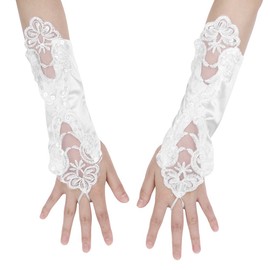 Bridal Gloves Fingerless Satin Gloves Sequins Flowers Wedding Gloves Wedding Evening Party Arm Warmers Long Soft Bridal Warmers Women's Lace Gloves Women Dress-up Accessories, White