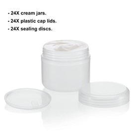Beaute Galleria 24 Pack White Translucent Cosmetic Plastic Jars with Lids and Sealing Discs, Small Travel Size Empty Makeup Sample Containers, for DIY Lip Balm, Face Cream, Body Lotion (1oz/ 30ml)
