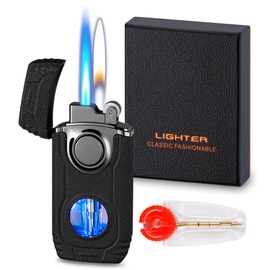 Torch Lighter, Cool Mecha Design Dual Flame Lighter, Refillable Butane Lighter with Visible Gas Window, Windproof Adjustable Jet Flame and Soft Flame, Great Gifts for Men(Without Butane)-Matte Black