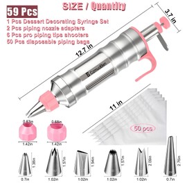 Dessert Decorating Syringe Set, Frosting Piping Kit icing piping kit Food Grade Stainless Steels (6 pro piping tips shooters 50 disposable piping bags) For Baking, Decorating Cupcake, Deviled Eggs