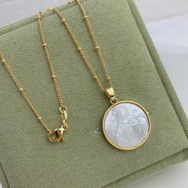Mary Cadena Virgen De Mother of Pearl Necklace 14K Gold Plated Medal Cubic Zirconia Necklace,Faith Necklace