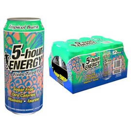 5-hour ENERGY Extra Strength Energy Drink | Tropical Burst Flavor 16 oz. Cans 12 Count Sugar-Free & Zero Calories Vitamins Amino Acids Contains Carbonation 230mg of Caffeine 192 ounces (16 Fl Oz (Pack of 12), Tropical Burst)