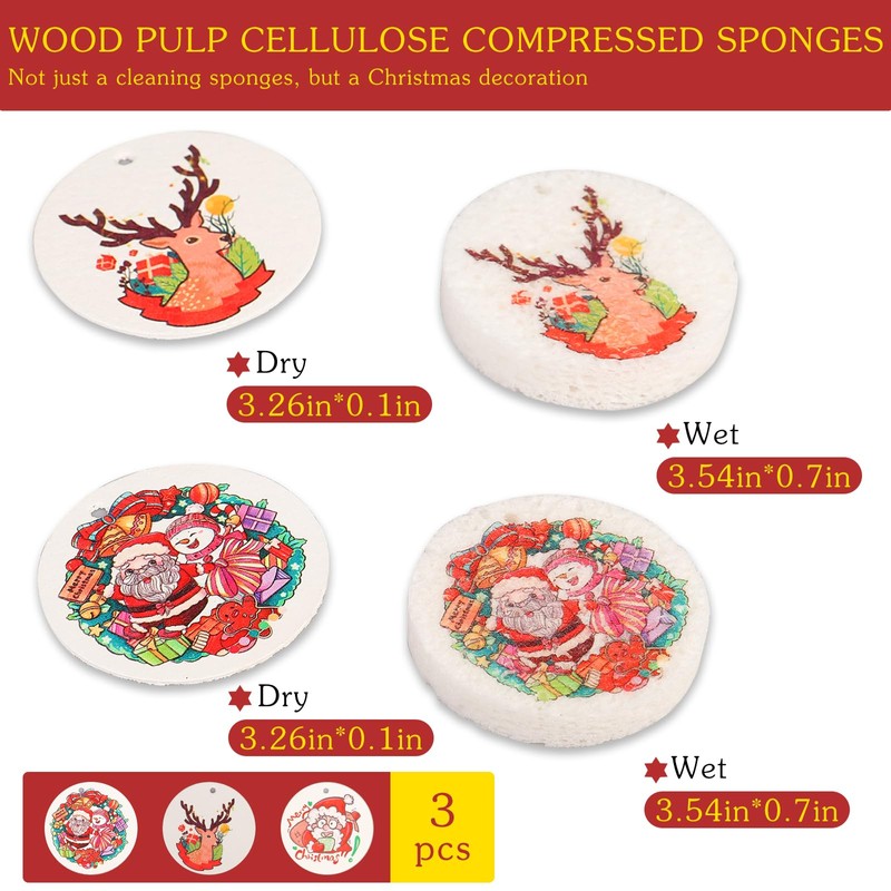 3 Pcs Biodegradable Wood Pulp Cellulose Compressed Cleaning Sponge Premium