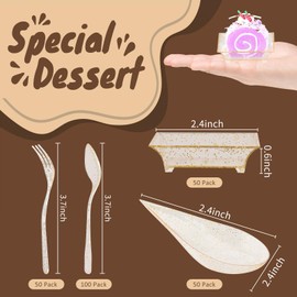 XUWAIDSGN 100 Count Gold Mini Appetizer Plates Set - Tear Drop & Square Dessert Plates with Forks & Spoons - Party Serving Tray for Chocolates (Modern)