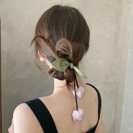 TUCEWP Flower Hair Ties for Women Girls Tassel Ribbon Tulip Elastic Hair Band for Thick Hair Pink Elegant Floral Hair Scrunchies Soft Cute Stretchy Hair Rope Ponytail Holders Sweet Hair Accessories