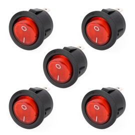 Ruimou 5Pcs AC 6A/250V 10A/125V Mini Round Rocker Switches, SPST 3Pin 2 Position with Red Light Rocker Switch